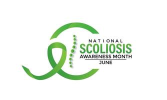 illustration on the theme of National Scoliosis awareness month observed each year in June. Green ribbon with human body design illustration. Banner poster, flyer and background design. vector