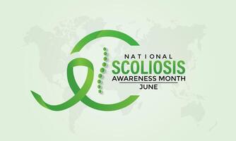 illustration on the theme of National Scoliosis awareness month observed each year in June. Green ribbon with human body design illustration. Banner poster, flyer and background design. vector