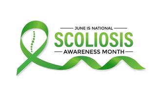 illustration on the theme of National Scoliosis awareness month observed each year in June. Green ribbon with human body design illustration. Banner poster, flyer and background design. vector