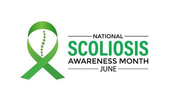 illustration on the theme of National Scoliosis awareness month observed each year in June. Green ribbon with human body design illustration. Banner poster, flyer and background design. vector