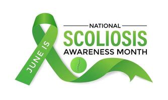 illustration on the theme of National Scoliosis awareness month observed each year in June. Green ribbon with human body design illustration. Banner poster, flyer and background design. vector