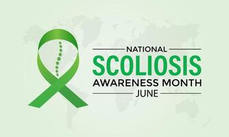 illustration on the theme of National Scoliosis awareness month observed each year in June. Green ribbon with human body design illustration. Banner poster, flyer and background design. vector