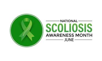 illustration on the theme of National Scoliosis awareness month observed each year in June. Green ribbon with human body design illustration. Banner poster, flyer and background design. vector