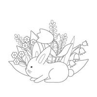 Cute rabbit lying among flowers. Cartoon rabbit in nature. Simple childish coloring book. Kids illustration. vector