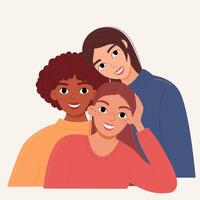 Portrait of three young female friends of different skin colors. Beautiful women smile, enjoy their friendship. The concept of female support and care. Flat illustration. vector