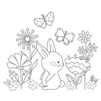 Cute rabbit among flowers and butterflies. Cartoon rabbit in nature. Simple childish coloring book. Kids illustration. vector