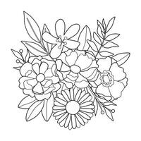 colorante página con ramo de flores de diferente flores niños floral imagen con contorno plantas. negro y blanco cuadrado ilustración. vector