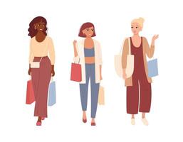 joven mujer con diferente piel colores Vamos compras y tener divertido hablando. Tres amigos con pantalones en su manos gastar ocio hora juntos. plano vector