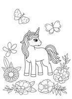 Kids coloring book with unicorn and flowers. Cartoon animal in nature. Simple childish illustration. vector