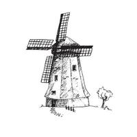 graphic illustration of windmill . Black and white sketch on a white background. Suitable for logo, bakery design, wrapping paper vector