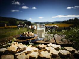 ai generado un vaso de Leche en el antecedentes de un manada de vacas generativo ai foto