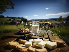 AI generated a glass of milk on the background of a herd of cows Generative AI photo