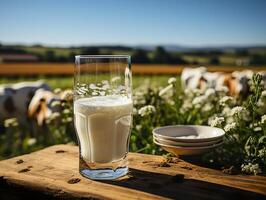 ai generado un vaso de Leche en el antecedentes de un manada de vacas generativo ai foto