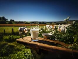 ai generado un vaso de Leche en el antecedentes de un manada de vacas generativo ai foto