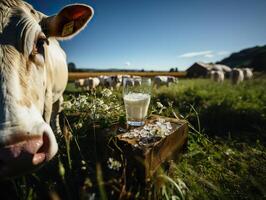 AI generated a glass of milk on the background of a herd of cows Generative AI photo