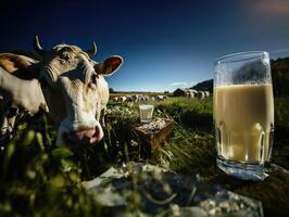 ai generado un vaso de Leche en el antecedentes de un manada de vacas generativo ai foto