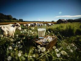 ai generado un vaso de Leche en el antecedentes de un manada de vacas generativo ai foto