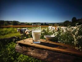 ai generado un vaso de Leche en el antecedentes de un manada de vacas generativo ai foto