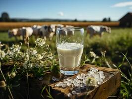 ai generado un vaso de Leche en el antecedentes de un manada de vacas generativo ai foto