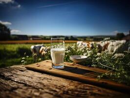 ai generado un vaso de Leche en el antecedentes de un manada de vacas generativo ai foto