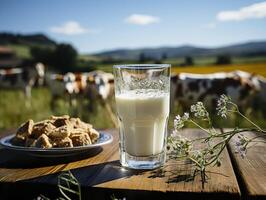 AI generated a glass of milk on the background of a herd of cows Generative AI photo