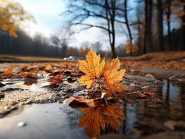 AI generated autumn yellow rowan leaves on a blurred background Generative AI photo