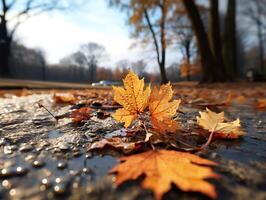 ai generado otoño amarillo serbal hojas en un borroso antecedentes generativo ai foto