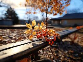 ai generado otoño amarillo serbal hojas en un borroso antecedentes generativo ai foto