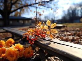 ai generado otoño amarillo serbal hojas en un borroso antecedentes generativo ai foto
