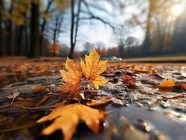 AI generated autumn yellow rowan leaves on a blurred background Generative AI photo