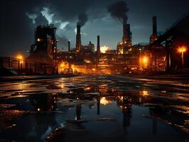 AI generated night factory factory smoking chimneys Generative AI photo