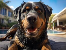 AI generated rottweiler dog lies and looks at the camera Generative AI photo