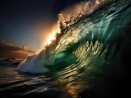 ai generado arremolinándose olas en el antecedentes de el puesta de sol espuma mar generativo ai foto