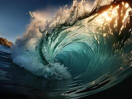 ai generado arremolinándose olas en el antecedentes de el puesta de sol espuma mar generativo ai foto