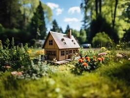 AI generated toy cardboard house on a blurred spring background Generative AI photo