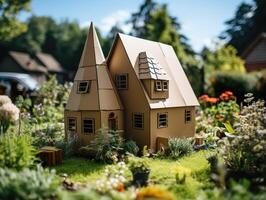 AI generated toy cardboard house on a blurred spring background Generative AI photo