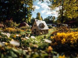 AI generated toy cardboard house on a blurred spring background Generative AI photo