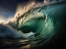 ai generado arremolinándose olas en el antecedentes de el puesta de sol espuma mar generativo ai foto