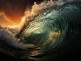 AI generated swirling waves on the background of the sunset foam Sea Generative AI photo