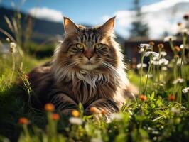 AI generated fluffy cat lies on the grass on a blurred background Generative AI photo