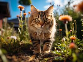 AI generated fluffy cat lies on the grass on a blurred background Generative AI photo