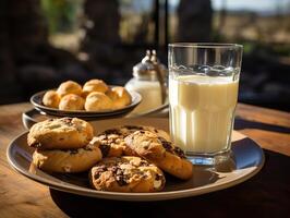 AI generated cookies in a plate and milk on a blurred background Generative AI photo