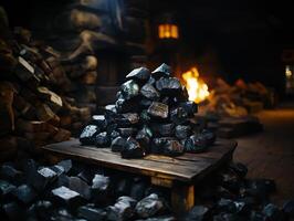 AI generated black coal on the background of a burning furnace Generative AI photo