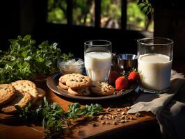 AI generated cookies in a plate and milk on a blurred background Generative AI photo