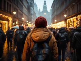 AI generated a girl with a backpack walks along the street of a crowded city view from the back photo