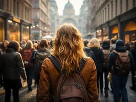 AI generated a girl with a backpack walks along the street of a crowded city view from the back photo