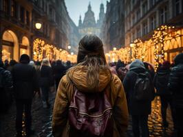 AI generated a girl with a backpack walks along the street of a crowded city view from the back photo