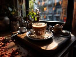 ai generado un taza de café en un de madera mesa en un restaurante generativo ai foto
