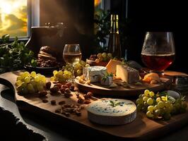AI generated Assorted cheese on a wooden board with grapes and a glass of wine Generative AI photo