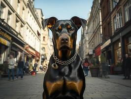 AI generated doberman stands on the street and looks at the camera, Generative AI photo